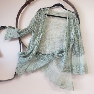 light Green Crochet Open Front Kimono Dust…